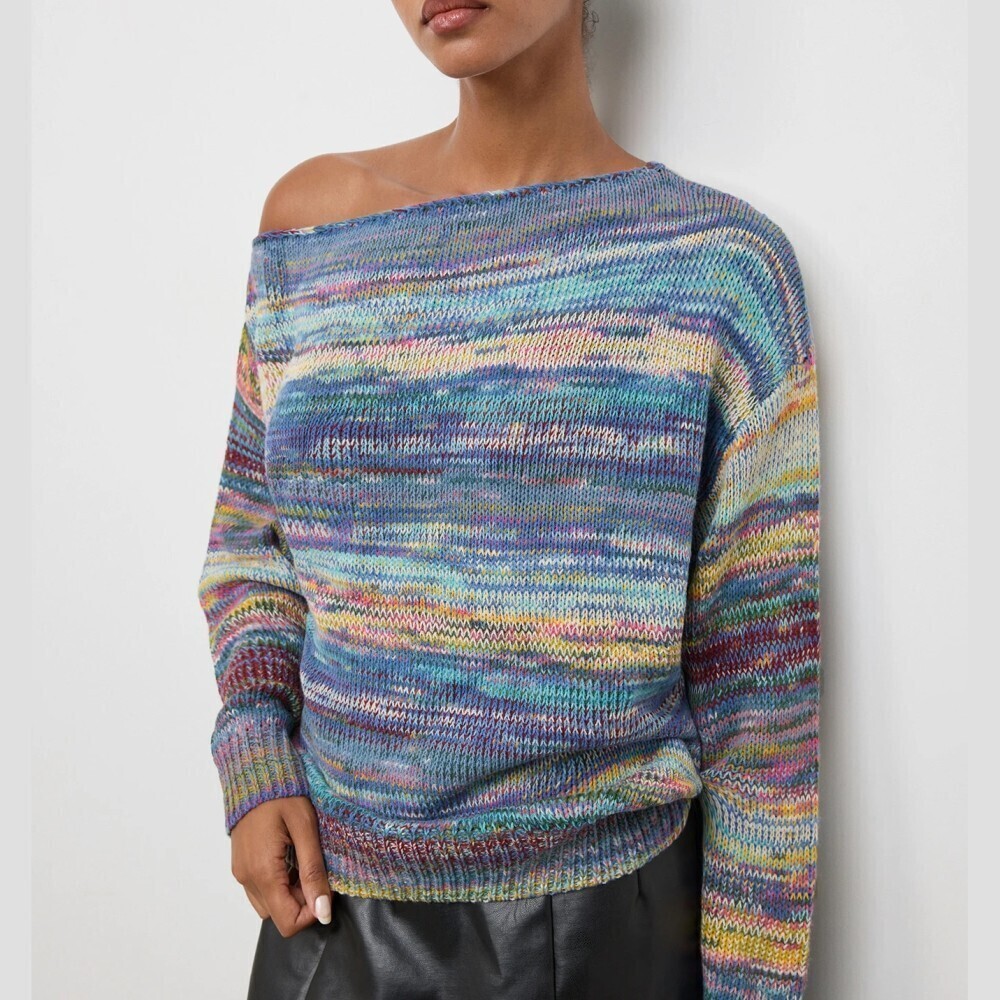 Blue Yellow Space Dye Heather Knit Off Shoulder Long Sleeve Sweater